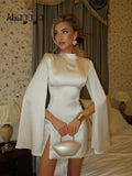 Ahagaga Eelgant Mini Dresses For Women Solid Long Flare Sleeves Turtleneck Sheath Satin Fashion Split Party Slim Fit Female Robe