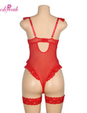 Plus Size Sheer Mesh Teddy Bodysuit for Women Sexy Lace Lingerie Set with Adjustable Garter Belt Curvy Nightwear Romantic Outfit