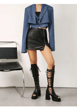 Plus Size Women Black Patent Matte Leather Lace Up Knee High Boots Peep Toe Platform Block Heel Back Zip Gothic Y2K Party Heels