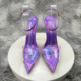 Laser Purple Women Sexy Summer Sandals PVC Pointed Toe Shoes 2023 Newest Slingback Shoes Thin Heels Party Ankle Buckle Ladies