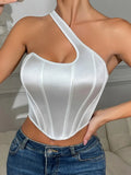 New White Off-the-shoulder Elegant Style Satin Spicy Girl Halter Neck Tank Top Women's Sexy Fishbone Shaping Small Tank Top 1FES