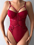 Womens Sleeveless Bodysuits Solid Color PU Leather Bandage Leotard Body Top See Through Mesh Tops