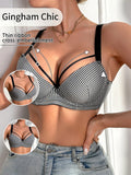 Women's Gingham Push Up Bra Plunge Underwire Underwear Sexy Crisscross Lift Up Comfortable Bra for Daily Wear