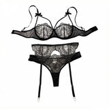 3 Pieces Sheer Lace Garter Lingerie Set Women Black Underwire Bra Bow Decor Thong Sexy Ladies Underwear ZA25205