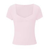 New Women T-shirt Summer Solid Color Short Sleeve Square Neck Slim Fit Crop Tops Casual Elegant Basic Tee Shirts