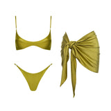 2Pcs Deep V Swimsuit With Long Skirt Women Sexy Swimwear Female Bikini Cut Out Biquini Swim Suit Shiny Button Bodysuit Beachwear