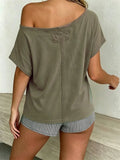 Women Off Shoulder T-shirt Loose Fit Short Sleeve Boat Neck Going Out Tops Casual Summer Shirts Streetwear