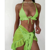 New With Sarong Halter Ruffled Bikini Women Swimwear Female Swimsuit Three-pieces Bikini Set Bather Bathing Suit Swim Lady V4144