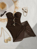 XS - L 6 Colors With Skirt Cut Out Women Swimwear Bandeau Metal Ring Bather Bathing Suit Swim One Piece Swimsuit Female K8108