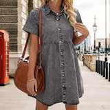 Faux Denim Button-down Mini Dress Women Summer Dress Short Sleeves A-line Lapel Patchwork Dress for Dating Commuting Party