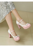 Plus Size Crossed Thin Ribbon Bow Shallow High-Heeled Shoes Patent Leather Splicing White PU Sweet Lolita Style Pumps