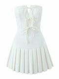 Bowknot Off Shoulder Strapless Party Short Dress for Women 2025 Elegent Lady White Pleated Mini Vestidos Female Backless Dress