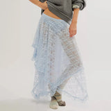 Women's Solid Color Midi Skirts Lace Elastic High Waist Skirts Spring Summer Sweet Irregular Hem Casual Skirts