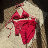 with Mesh Sarong Lace Halter High Cut Bikini Female Swimsuit Women Swimwear Three-pieces Bikini Set Bathing Suit Swim Beachwear