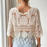Half Sleeve Hollow Out Solid Crochet Knitted Tunic Beach Cover Up Cover-ups Beach Dress Beach Wear Beachwear Female Women V8401