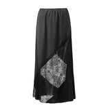 Fashion Stylish Women's Long Skirt Solid Color Satin Lace Patchwork Mid Rise Skirt for Spring Summer