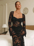 Sexy see-through lace jumpsuit fishbone tight long-sleeved black hottie dress
