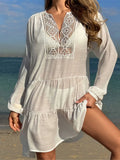 2025 Long Sleeve Hollow Out Crochet Knitted Tunic Beach Cover Up Cover-ups Beach Dress Beach Wear Beachwear Female Women K6674