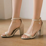 Beige Suede Ankle Strap Block Heel Sandals for Women, Round Open Toe with Rhinestone Accent, Multiple Colors Available