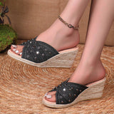 Fashion Denim Chunky Wedge Sandals Women 2025 Rivets Decor High Heels Slippers Woman Peep Toe Thick Bottom Sandles Plus Size 43