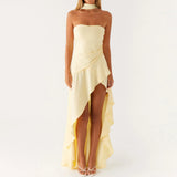 Women Summer Casual Tube Dress Fashion Solid Color/Floral Print High Low Ruffles Long Dresses with Scarf