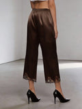 Women's Satin Lace Hem Capris Elastic Waist Loose Fit Wide Leg Pants Solid Color Lounge Street Casual Cropped Pants Summer