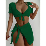 XS - L Ribbed Halter Bikini Women Swimwear Female Swimsuit Four-pieces Bikini set With Sarong Bather Bathing Suit Swim V3152B
