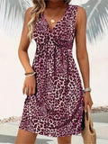 Summer Style Leopard Print Mini Dress Women Fashion Vacation Elegant Vintage V-neck Sleeveless Vestidos Nightclub Party Dresses
