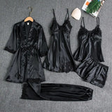 5 Pcs/Set Silky Satin Women Pajamas Set Nightgown Nightdress Top Shorts Pants Set Lace Patchwork Loose Thin Women Sleepwear