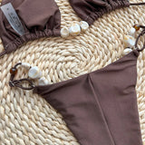 Shiny Halter High Leg Cut Beads Bikini Women Swimwear Female Swimsuit Two-pieces Bikini Set Padded Bather Bathing Suit Swim Lady