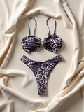 Sexy women's triangle leopard print bikini 2-piece set metal V decoration summer beach split swimsuit