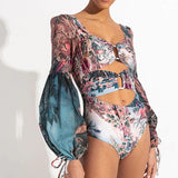 One Piece Swimsuit Sexy Long Sleeve Tropical Print Swimwear Women Bandage Monokini Hollow Out Bathing Suit String Beachwear 2023
