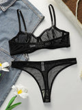 Solid color transparent lace stripe 2-piece set paired with sexy thong new women's underwear set girls Lingerie
