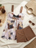 Vintage Black Flower Print Skirt Bikini Set 2026 Front Bow Crop Top Bathing Suit Swimwear Women's High Waist Swimsuit Tankini
