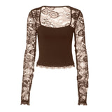 Women'S Sexy Lace Patchwork Square Collar Long Sleeve T-Shirt Elegant Sheer Mesh Slim Fit Cropped Top Spring/Fall 2026 Basic Top