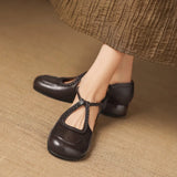 Women's T-Strap Shallow Flat Sandals Soft Leather Rome French Slip-on Single Shoes Retro Round Toe Shoes for Women Summer 32-43
