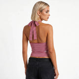 Women Striped Low Cut Tank Tops Slim Fit Cowl Neck Open Back Sleeveless Halter Crop Shirts Trendy Summer Streetwear
