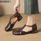 French Slip-on Single Shoes Retro British Shoes for Women Brown T-Strap Shallow Flat Sandals Soft Leather Rome  Summer New 32-43