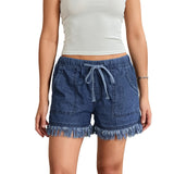 Women’s Summer Solid Color Washed Denim Shorts Casual Drawstring Elastic Waist Frayed Hem Loose Short Jeans Streeetwear