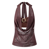 Summer Women Elegant 2 Piece Tops Mesh Sheer Halter Cowl Neck Sleeveless Vest with Buckle Tube Top Going Out Blouse Streetwear