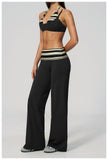 Fake Two-piece Sports Bra Yoga Sets Women Coffee Striped Patchwork Folding High Waist Wide Leg Pants Gym Running Fitness Suits