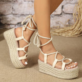 2026 Big Size 43 Summer Bohemian Espadrilles Sandals Women Ankle Wrap Gladiator Sandals 6CM Wedges Heels Platform Shoes Woman