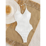 S - XL Sexy Pearls Wrinkled V Neck Women Swimwear One Piece Swimsuit Female Backless High Cut Leg Bather Bathing Suit Swim V7720