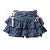 Sweet Kawaii Bow Vintage Denim Skirt Women New Fashion Summer A Line Gothic Mini Skirts American Retro Streetwear Y2k Clothes