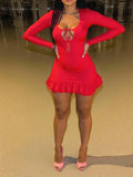 Red Long Sleeve Mini Dress Tie Front Design Ruffled Hem Bodycon Elegant Party Wear Seductive Fashionable For Women Dress J80L