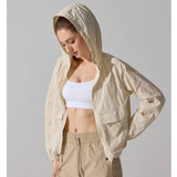 Outdoor Windproof Mountaineering Jacket Women Fashion Lightweight Sun Protection Sports Hooded Top Casual Loose Hiking Yoga Suit