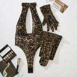 Women Leopard Print Bodysuit With Gloves Leggings Hollow Out Backless Deep V Suspenders Sleeveless Bodysuits Charming Thin 3X4C