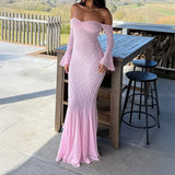 Elegant French Style Pink Long Dress Women Lace Long Sleeved Dress Evening Gown Party Wedding Dress up Lady Spring Summer Outfit
