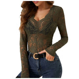 Women V Neck Floral Lace Long Sleeve T Shirt See Through Slim Fit Tees Y2k Gothic Club Party Streetwear Ladies Sheer Basic Tops