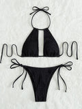2025 Halter Tie Side Hollow Out Smocked Bikini Women Swimsuit Female Swimwear Two Pieces Bikini Set Swim Bathing Suit Beach Wear
